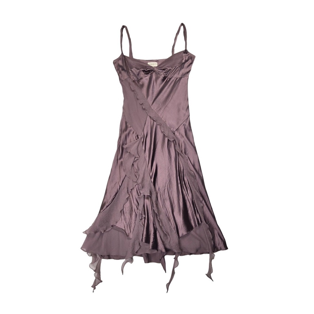 Karen Millen Silk Ruffle Handkerchief Hem Midi Dress Mauve Purple US 6 Fairy Alt